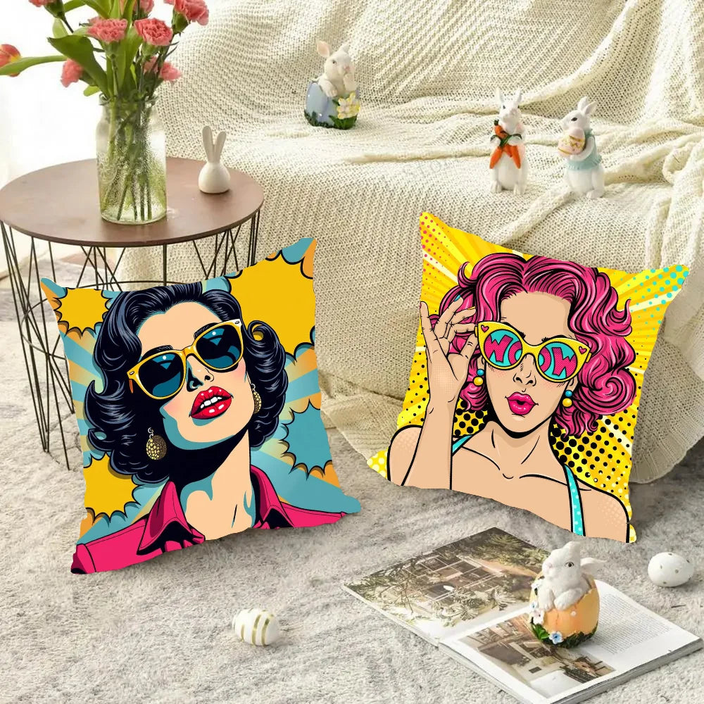 1pc Colorful Pop Art Canvas Comic Woman Pillow Case Square Bedroom Sofa Leisure Comfort Cushion Car Living Room Home Decoration
