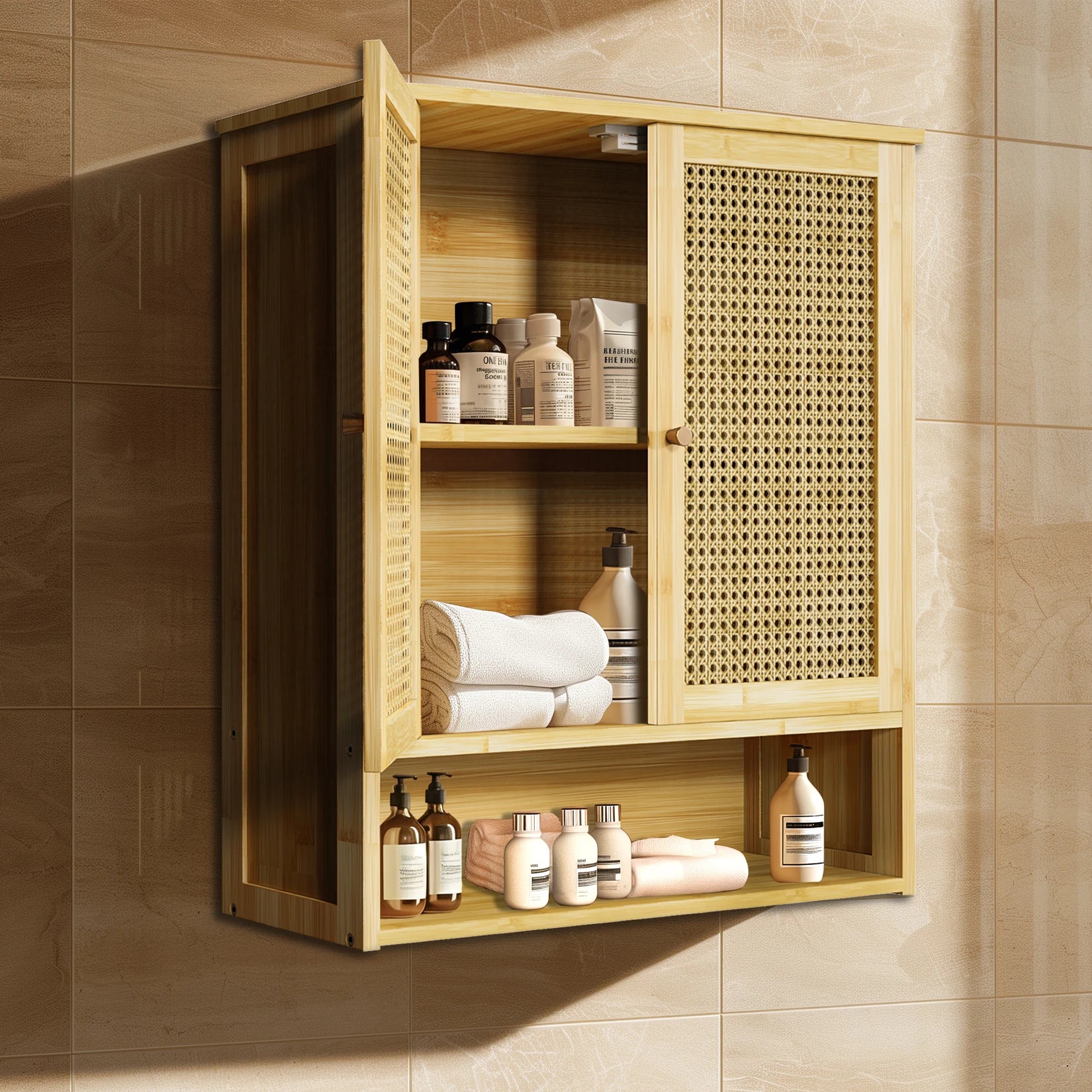 Solid Wood Bamboo Bathroom Wall Cabinet Over The Toilet Kitchen Living Room Storage Cabinet w/ 3 Shelves Medicine Cabinet 2-Door