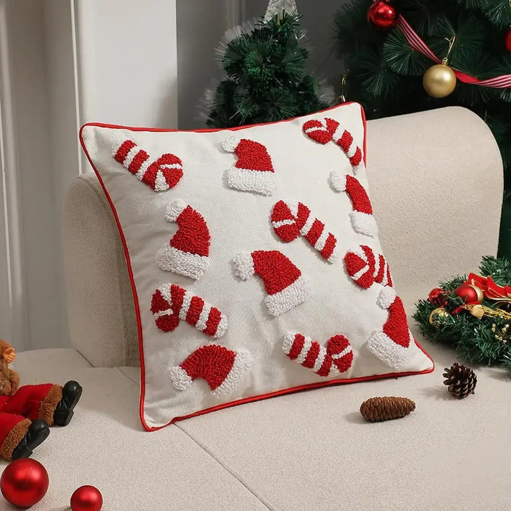 1/2 PCS Christmas Plush Pillowcase 3D Santa Hat Cane Pattern Hidden Zipper Closure Pillowcase New Year Party Decoration