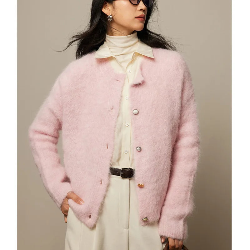 Winter Alpaca Wool Knitted Cardigan Women Soft Round Neck Single Breasted Loose Button Sweater Coat