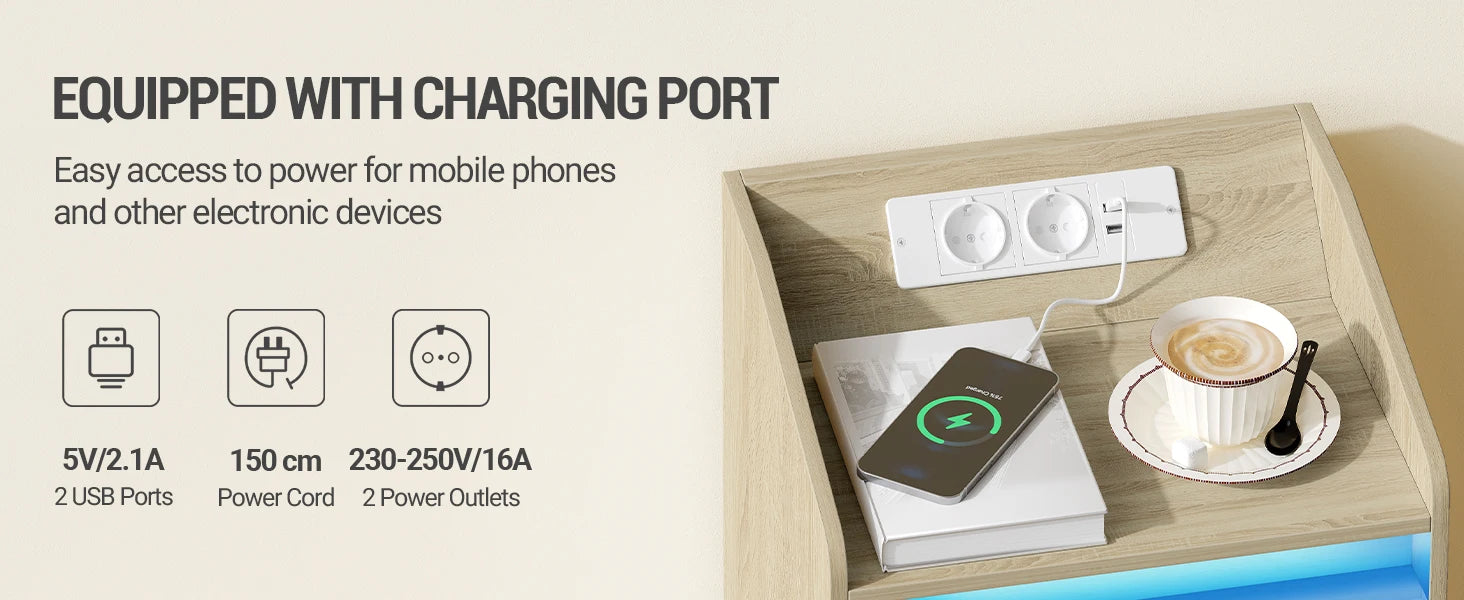 Hzuaneri Table de chevet avec 3 tiroirs, table d'appoint avec station de recharge et LED, 2 prises CA et 2 ports USB pour le salon