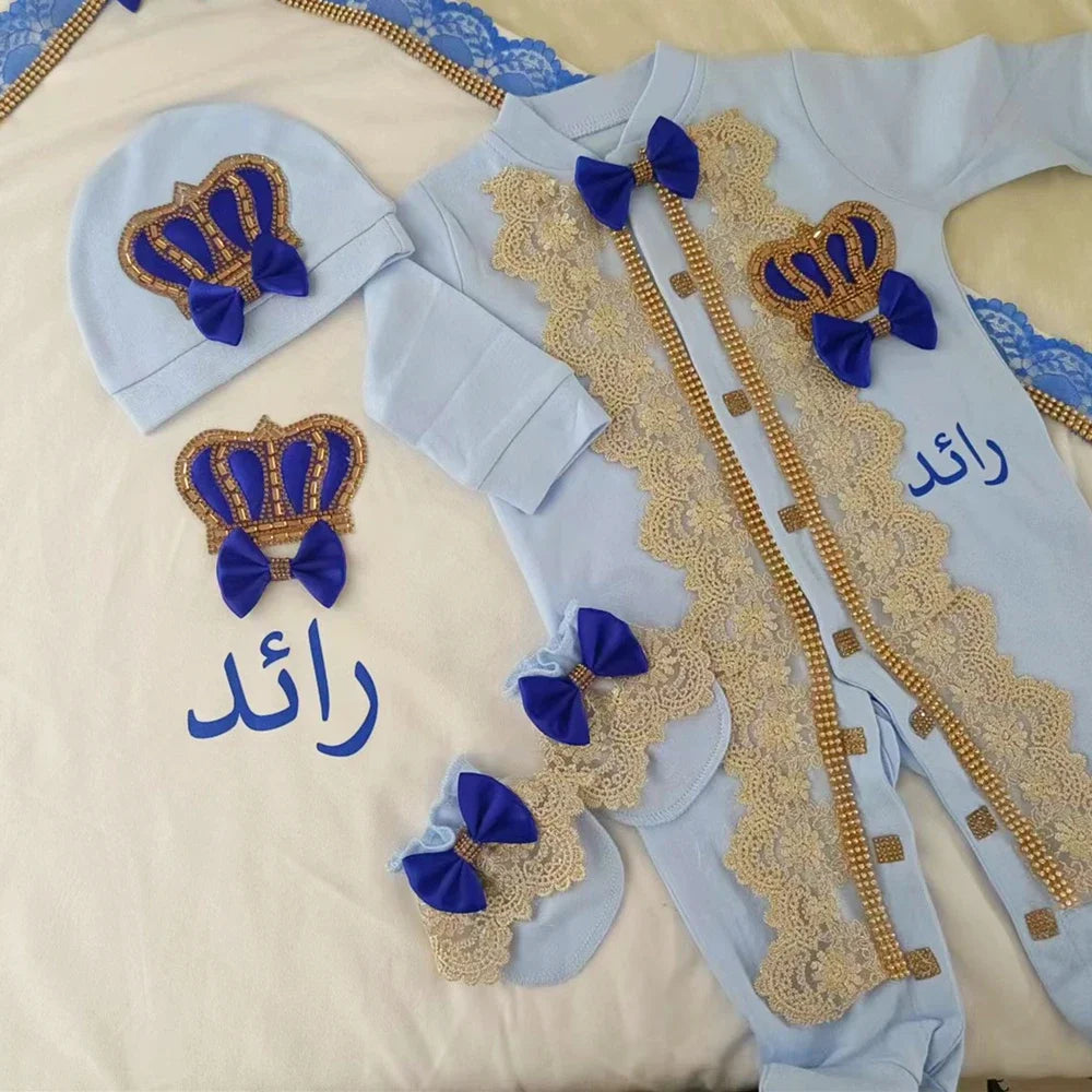 Customized Baby Name Newborn Pink Crown Jewels Gift Set 3pcs Outfits Pajamas Receiving Blanket Welcome Home Ceremonial dress