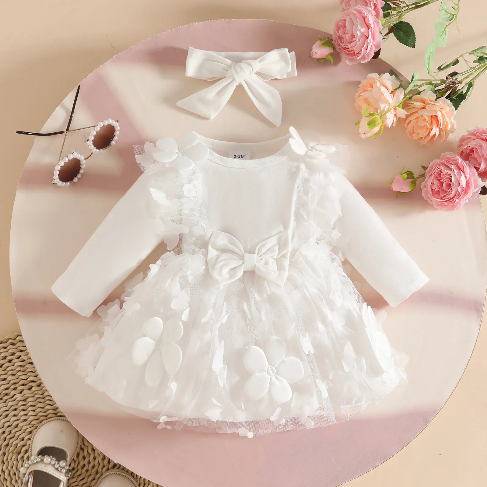 0-2Y Baby Girl Clothes 2Pcs Set Butterfly Tulle Patchwork Bow Baby Dresses for Newborn Girls and Headband Princess Party Outfit