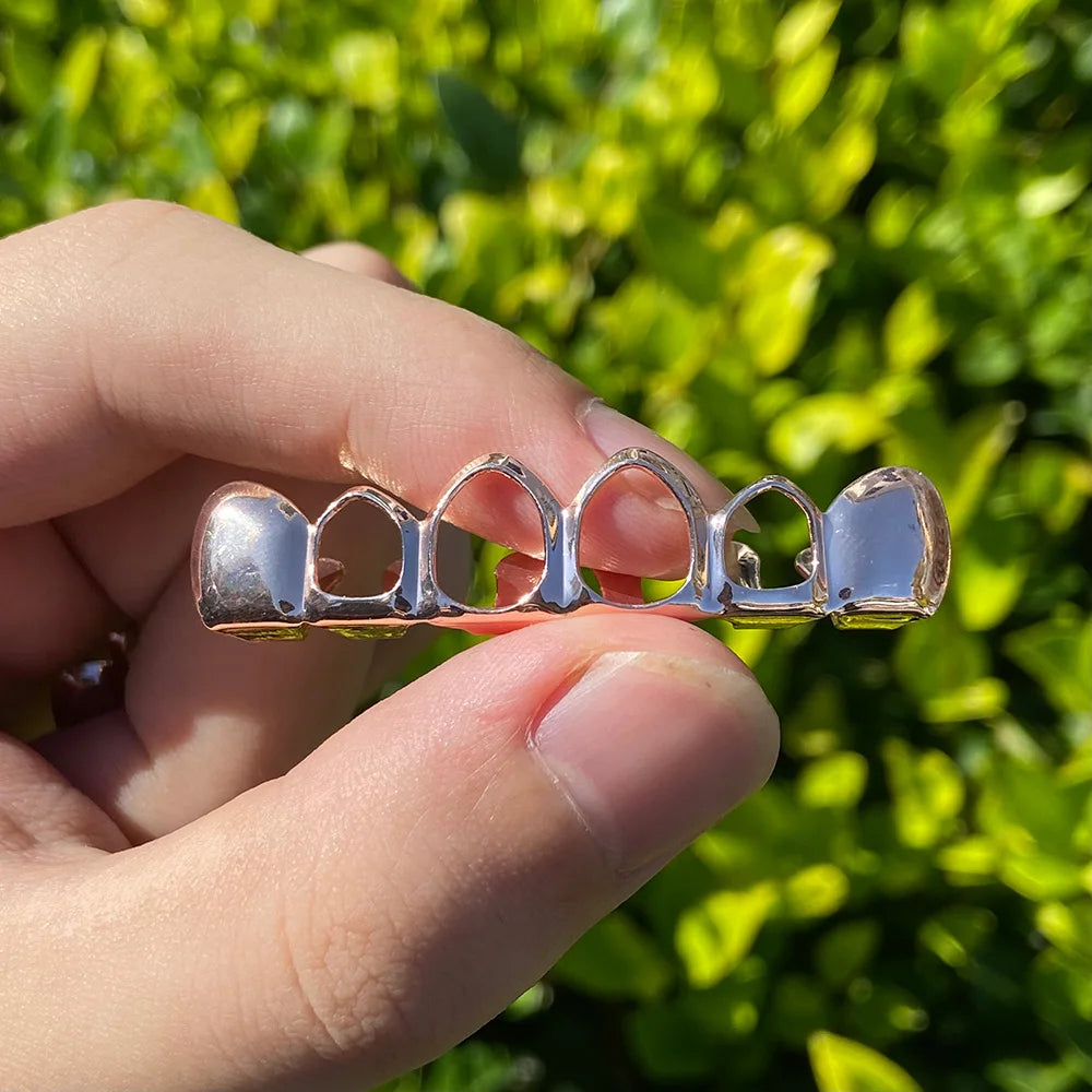 RACHELZ Hip Hop Gold Plated Teeth Grillz Fashion Top Bottom Hollow Tooth Cap Dental Grills For Men Women Jewelry Party Gift