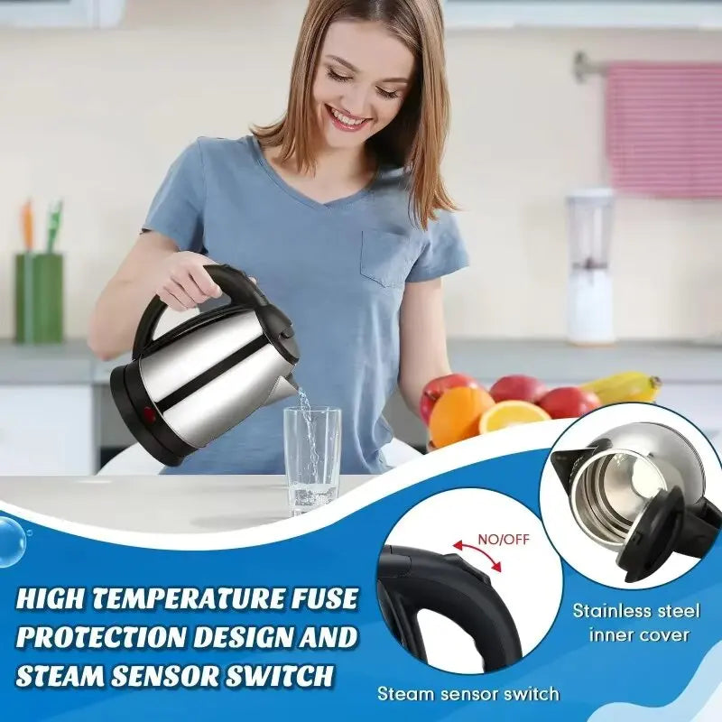 1.8L 220V Stainless Steel Electric Kettle Silver Black Base Separation Desion Rust-resistant Durable for Home During Travel
