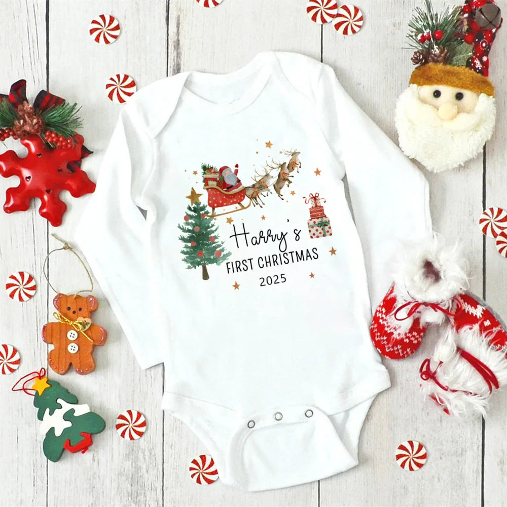 Personalised First Christmas Baby Outfit Newborn Baby Girls Boy Long Sleeve Cartoon Winter Romper My First Xmas Jumpsuit Outfit