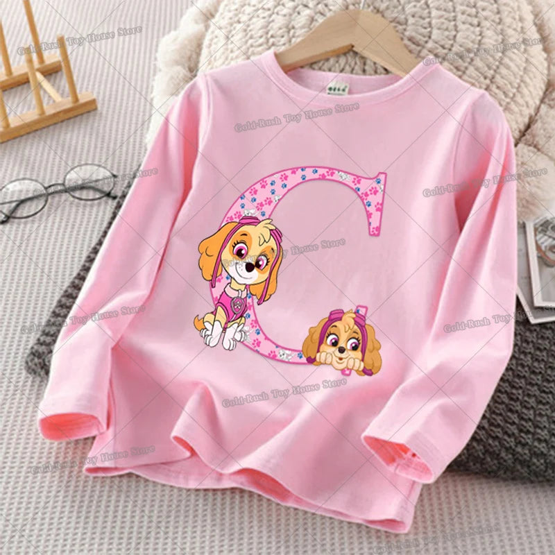 Paw Patrols Skye Letter A-Z T-shirt for Girl Long Sleeve Cotton Tops Cute Cartoon Print Children Tee Autumn Casual Kids Clothes