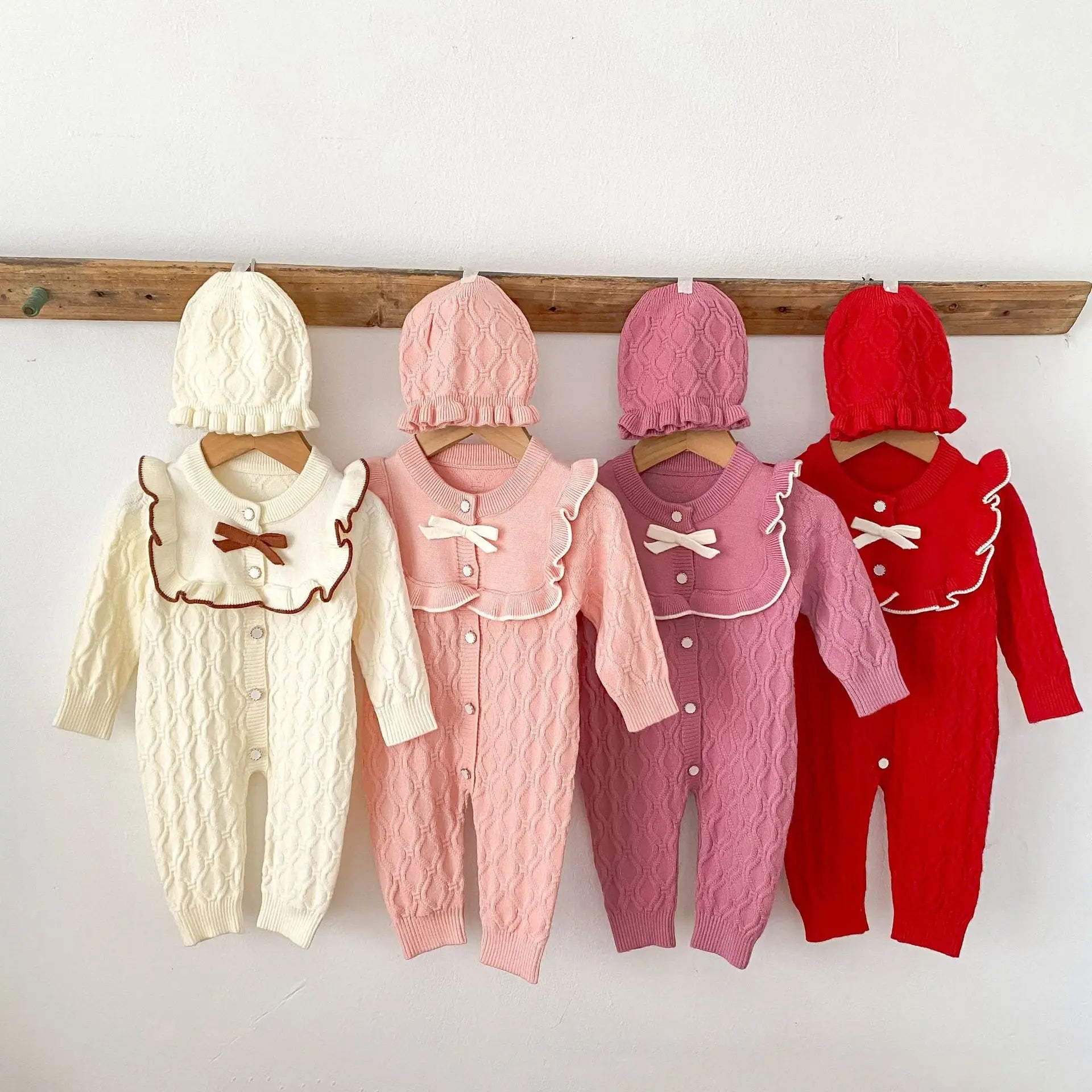 Christmas Baby Rompers Clothes Hat Autumn Winter Knitted Bow Newborn Girls Jumpsuits Fashion Solid Plain Toddler Kids Rompers