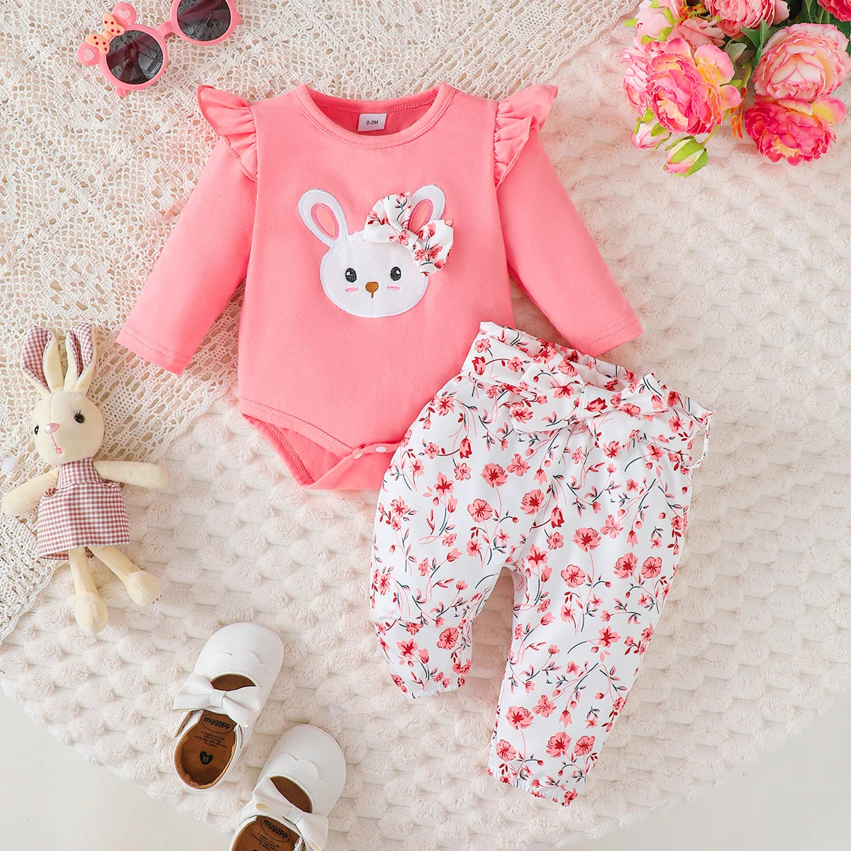 4pcs Baby Girl Cartoon Rabbit Long Sleeve Jumpsuit+Small Floral Pants+Hairband+Belt Set 0-18 Months Baby Girl Spring  Autumn Set