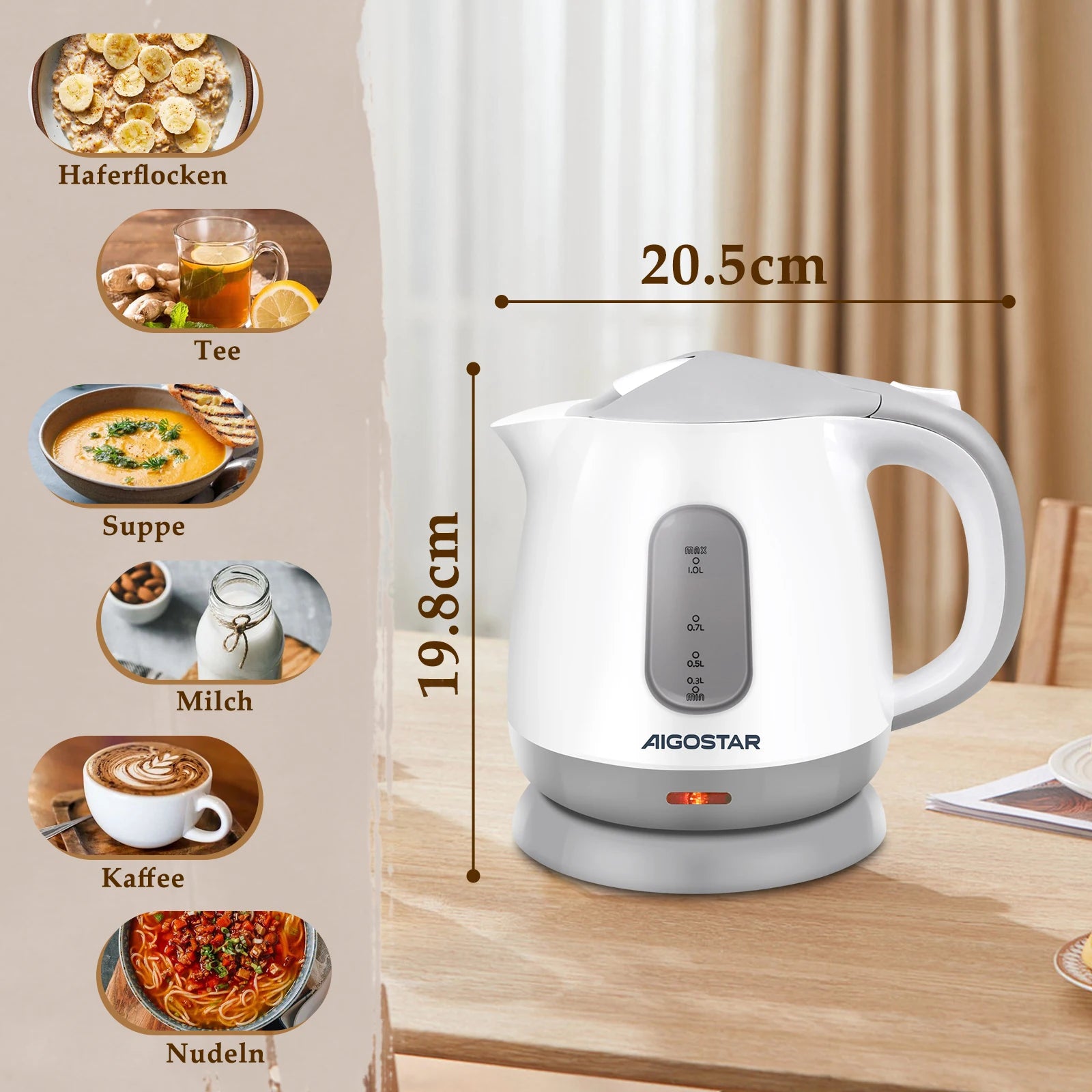 Aigostar Juliet - 1 Litre Compact Kettle, 1100W, Small Kettle, Dual Water Level Indicator, Detachable Anti-Limescale Filter, 360