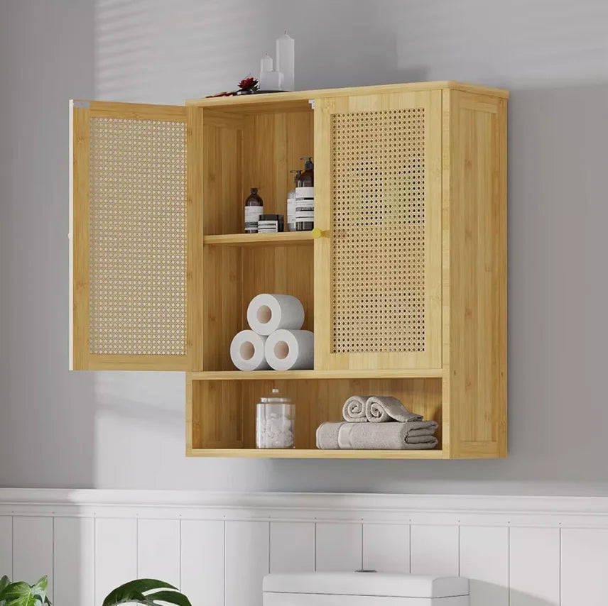 Solid Wood Bamboo Bathroom Wall Cabinet Over The Toilet Kitchen Living Room Storage Cabinet w/ 3 Shelves Medicine Cabinet 2-Door