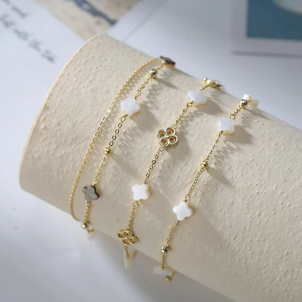 Rinntin Genuine 925 Sterling Silver Double Layer Clover Chain Anklet Lucky Clover Charm Anklets Bracelet Female Jewelry GMA02