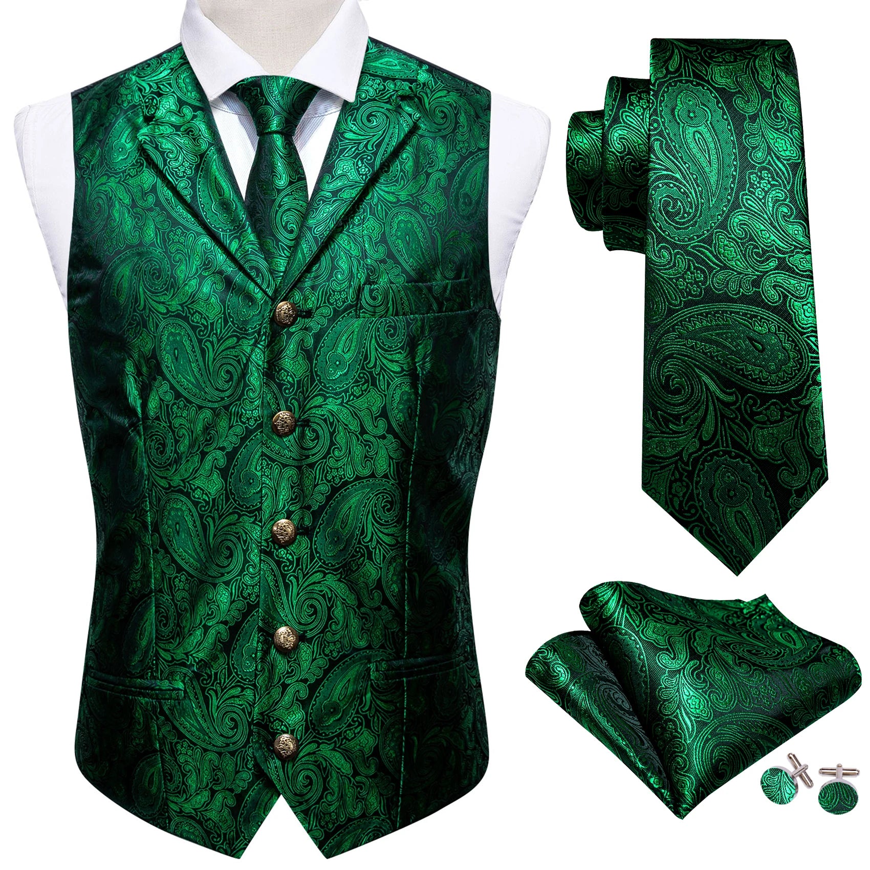 Elegant Vest for Men Silk Green Paisley Plaid Flower Slim Fit Male Suit Embroidered Waistcoat Dress Formal Jacket Barry Wang