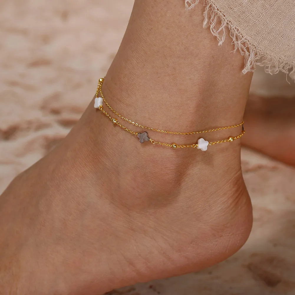 Rinntin Genuine 925 Sterling Silver Double Layer Clover Chain Anklet Lucky Clover Charm Anklets Bracelet Female Jewelry GMA02