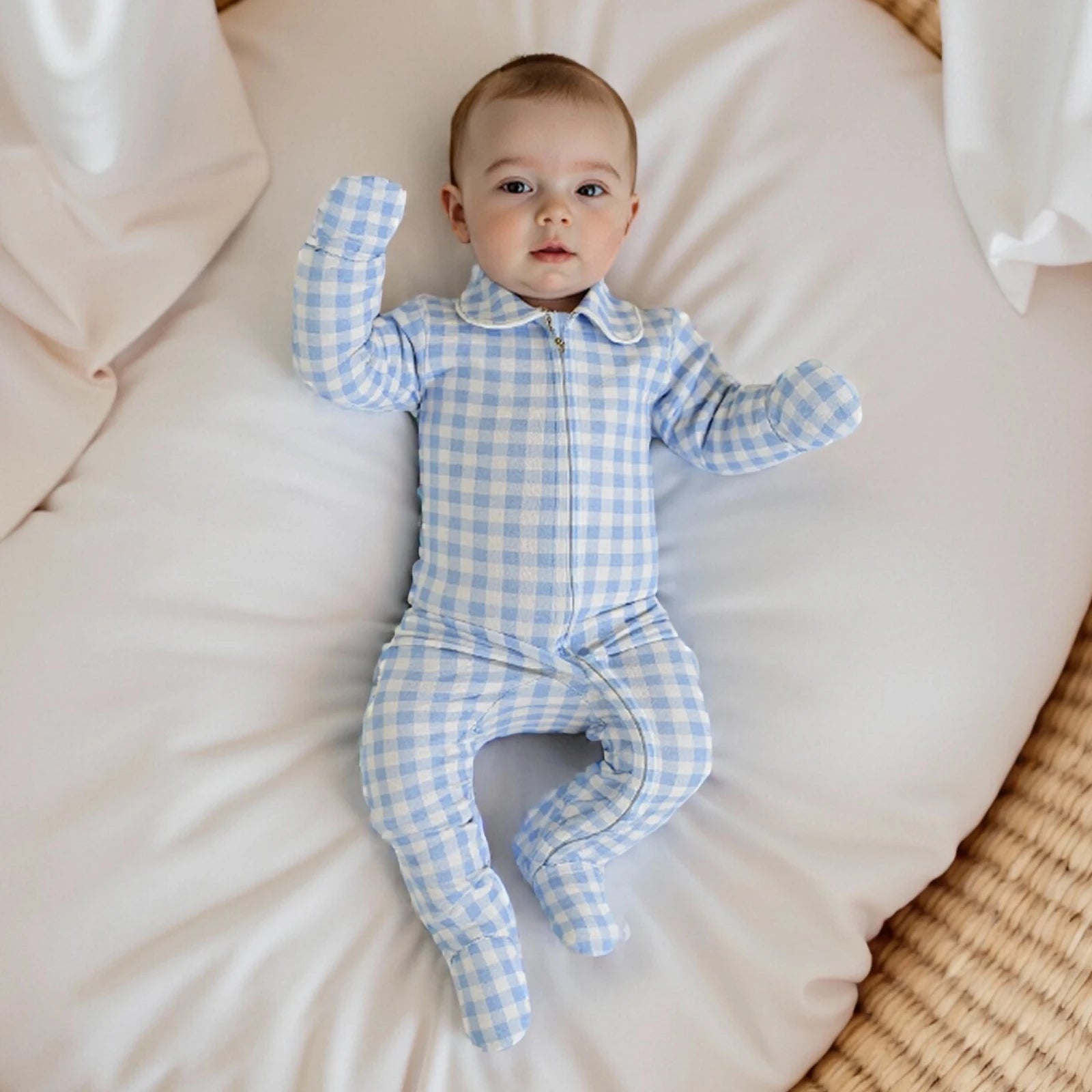 Pudcoco Infant Newborn Baby Fall Romper Plaid Print Doll Collar Long Sleeve Zip Up Footed Jumpsuit 0-6M