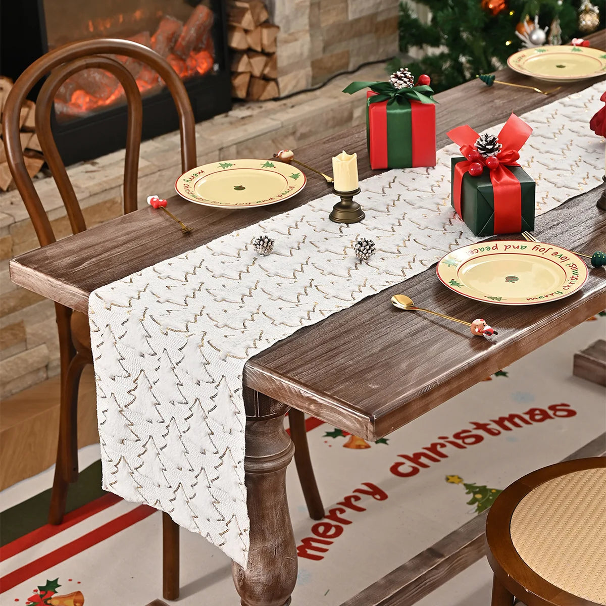 BUYNOW Plush Gold Sequined Embroidered Christmas Tree Pattern Tablecloth Christmas Living Room Sofa Tablecloth Home Bed Decor