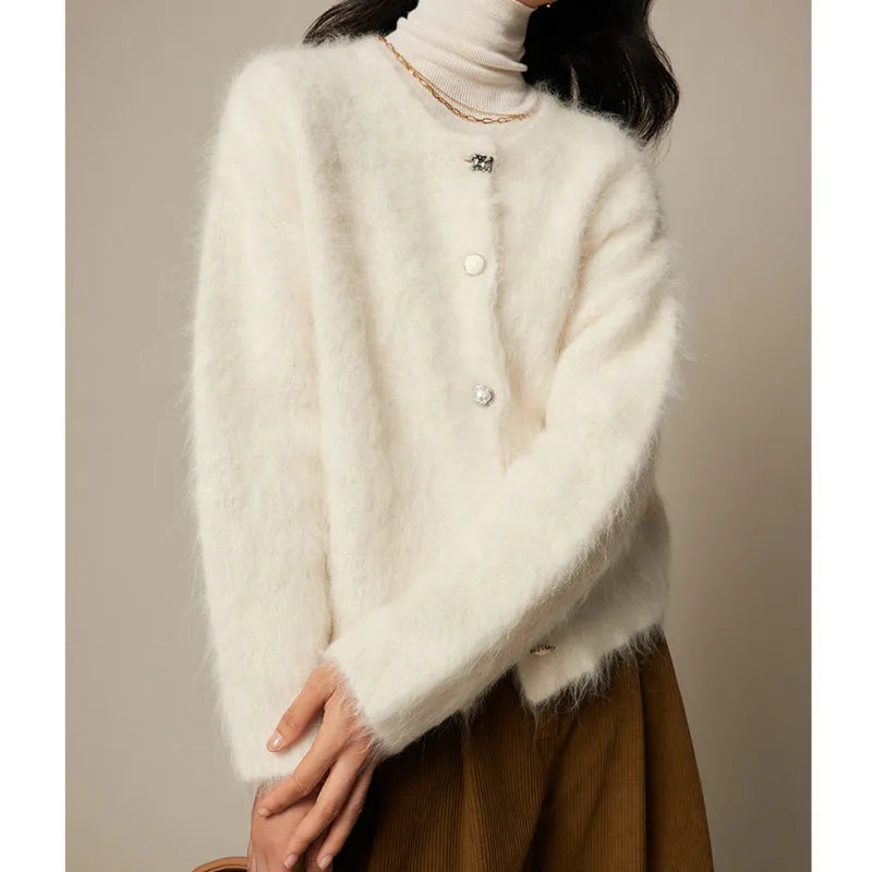 Winter Alpaca Wool Knitted Cardigan Women Soft Round Neck Single Breasted Loose Button Sweater Coat