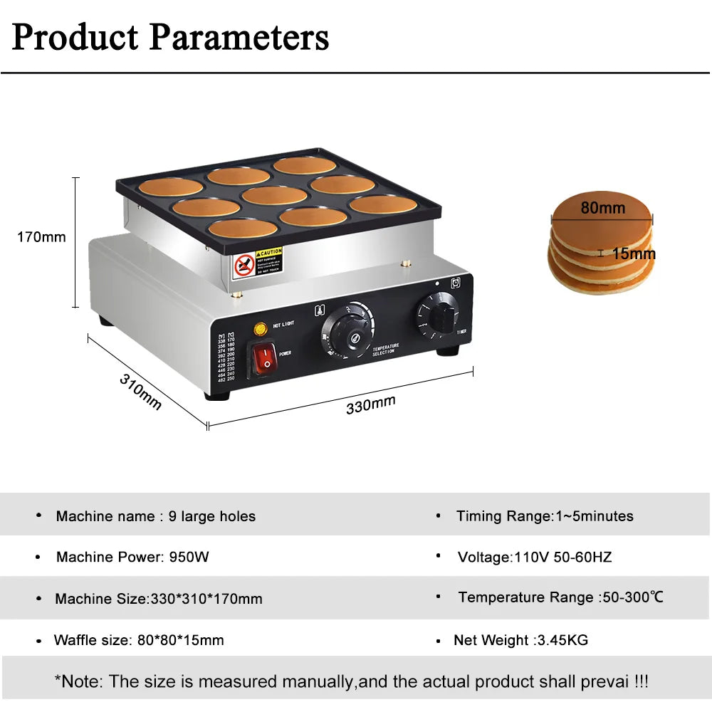 Mini Pancakes Maker Machine, Dutch Mini Pancake Griddle, 9 Holes 76mm Diameter Dorayaki Baker Machine， Electric Poffertjes Pan