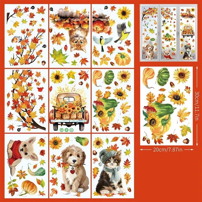 9 أوراق من ملصقات النوافذ الكهروستاتيكية لعيد الشكر في الخريف على شكل قطة وكلب وقرع وأوراق القيقب لتزيين الحائط