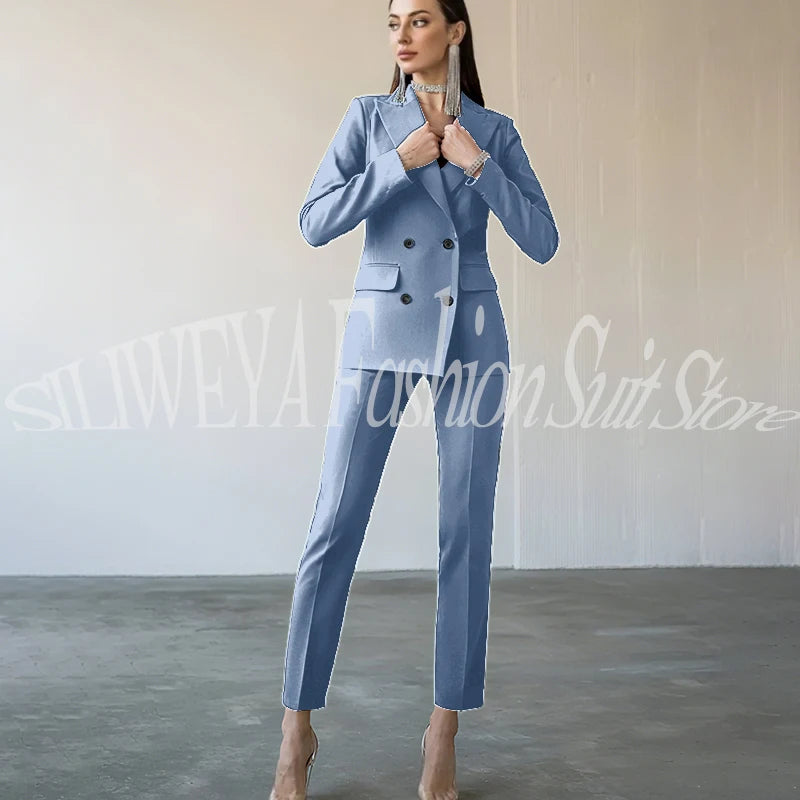 Fashion Chic Burgundy Red Purple Women Suit Double Breasted 2 Piece Jacket Pants Blazer Set Slim Fit Office Lady Female Clothing