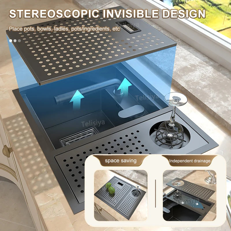 Hidden Sinks Stainless Steel Kitchen Sink Bar Small Single Slot With Lid Wash Basin Balcony Garden Campervan