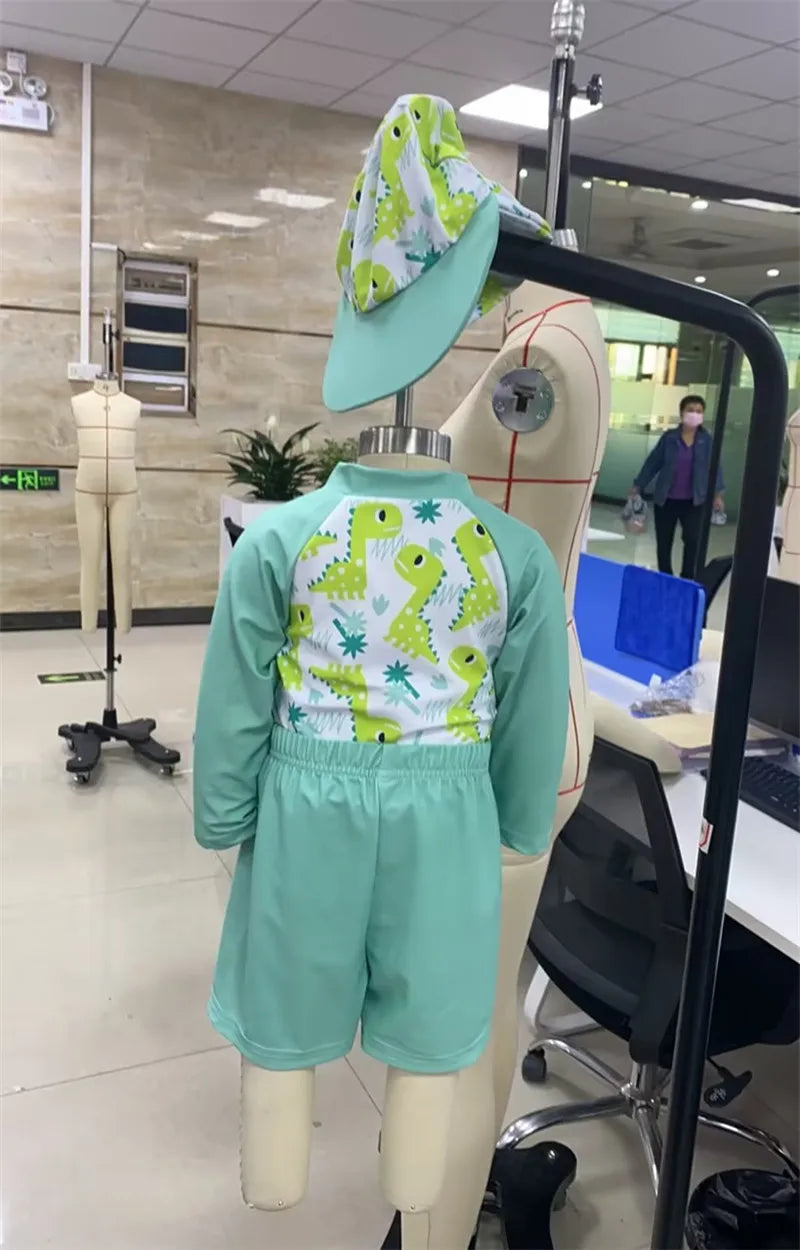 0-36months Toddler Boys Rash Guard Swimsuit Set Animal/Coconut Tree Print Long Sleeve Tops with Shorts and Swim Hat