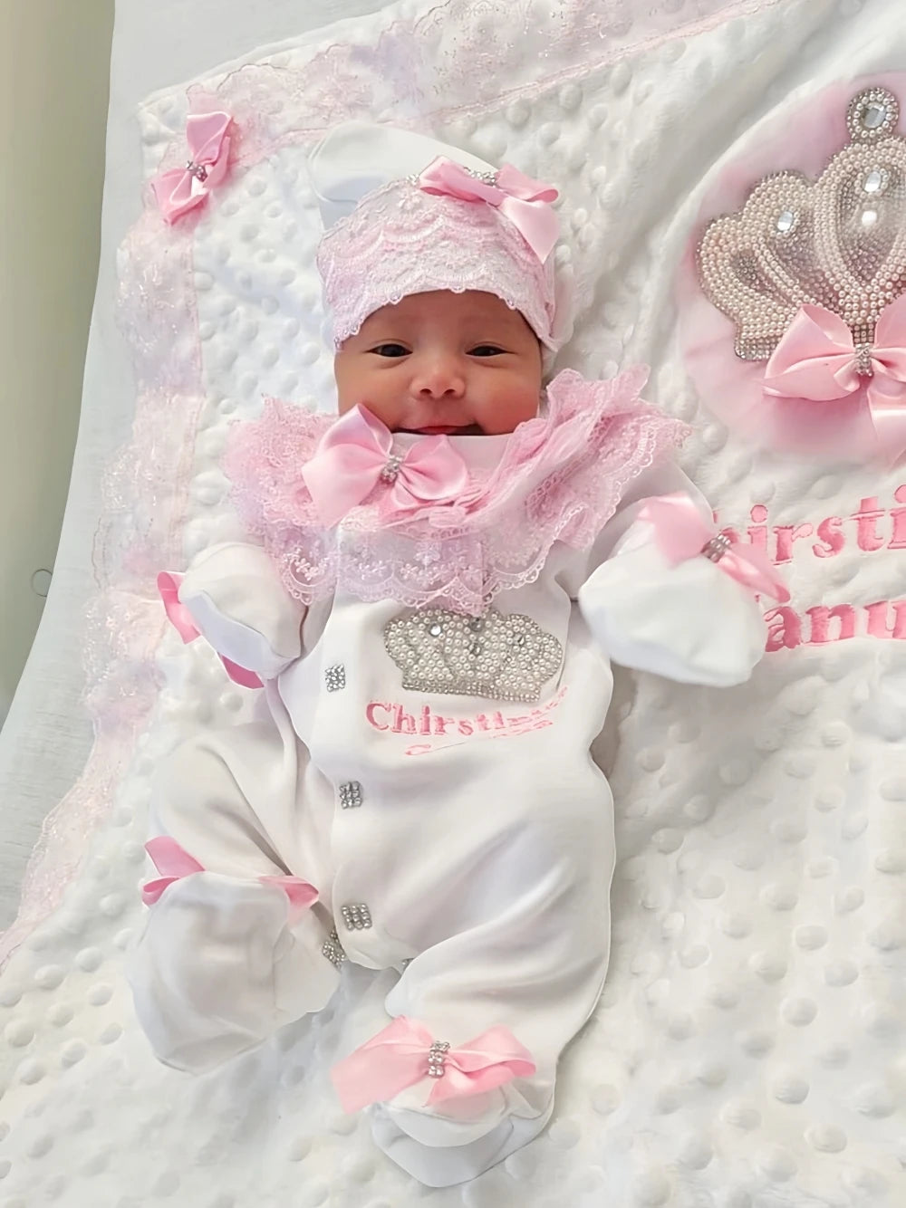 Customized Baby Name Newborn Pink Crown Jewels Gift Set 3pcs Outfits Pajamas Receiving Blanket Welcome Home Ceremonial dress