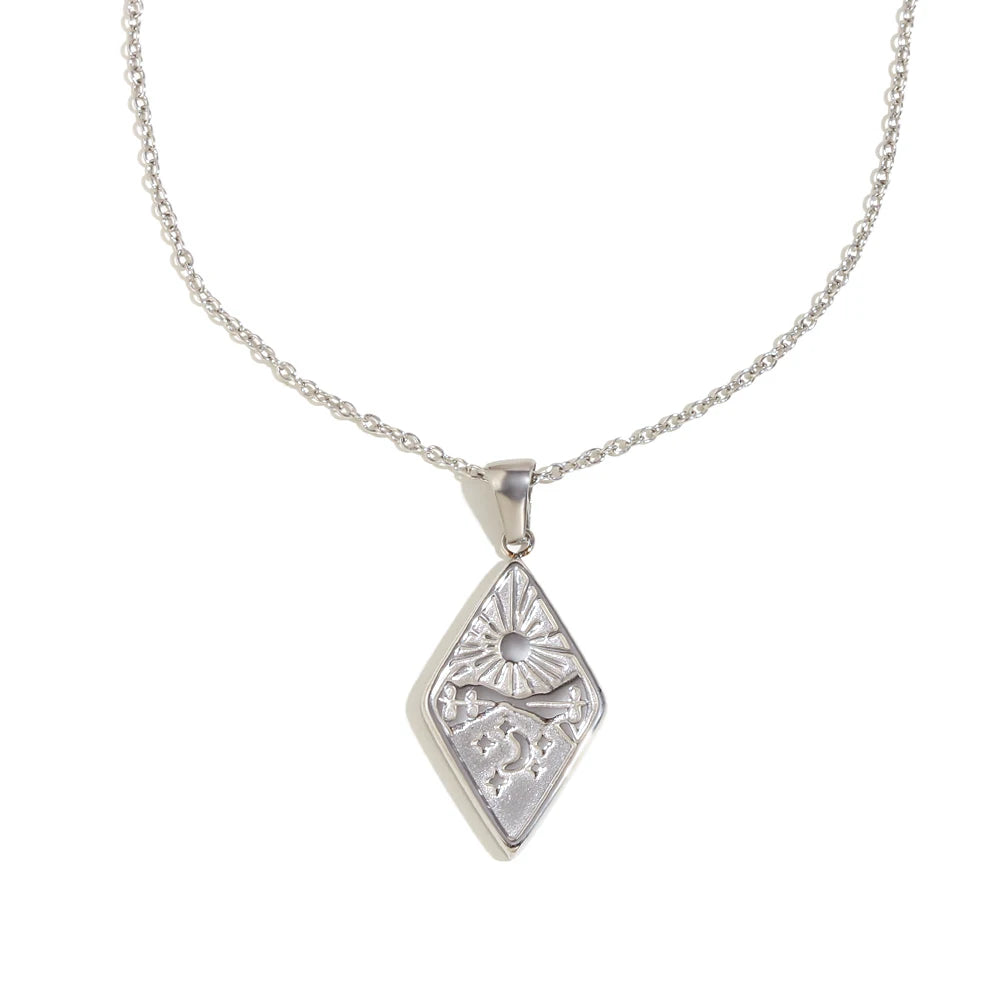 EBbelle 18k Gold Plated Rhombus Shape Moon Sun Pendant Necklace Stainless Steel Waterproof Fashion Unique Women's Jewelry