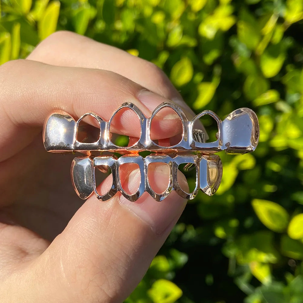 RACHELZ Hip Hop Gold Plated Teeth Grillz Fashion Top Bottom Hollow Tooth Cap Dental Grills For Men Women Jewelry Party Gift