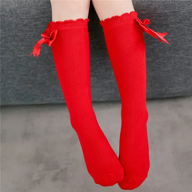 0-24months Infant Girl Below Knee Socks Solid Color Bow Decor Stockings For Girls Infant Breathable Socks