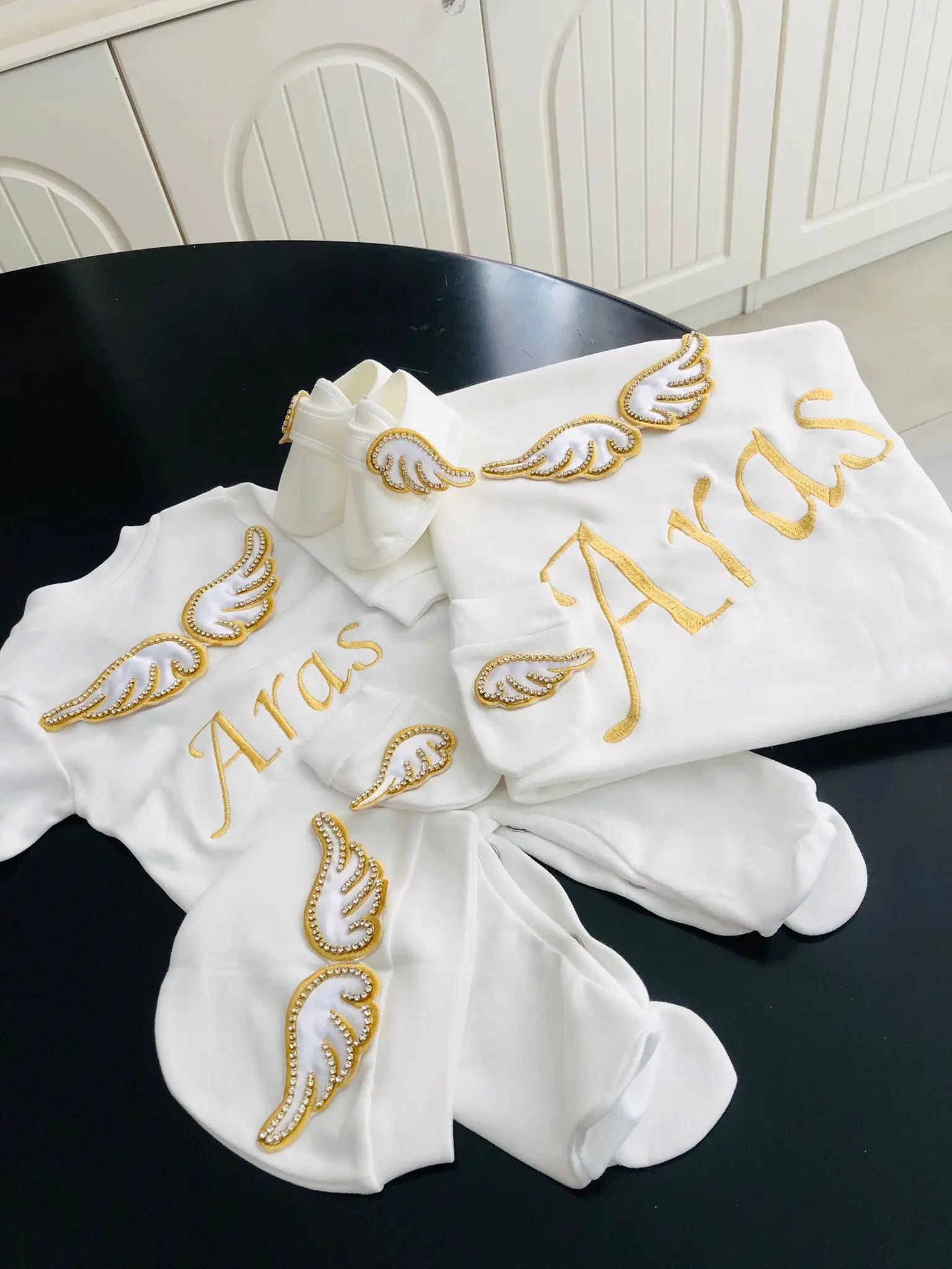 Dollbling 5pcs Wings Outfits Any Name Personalized Sweetwood Embroidery Gift Set Baby Pajamas Hat Welcome Home Ceremonial dress