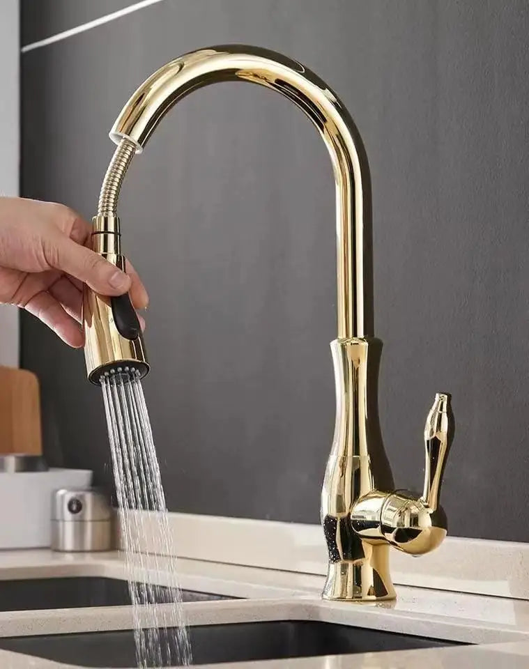 KEMAIDI Rose Gold Kitchen Sink Faucet Black Single Handle Pull Out Kitchen Tap Single Hole Taps 360 Swivel Hot Cold  Water Mixer