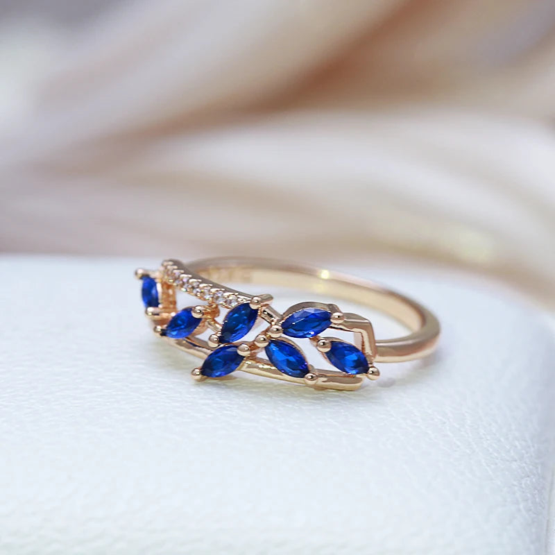 Kinel New Blue Natural Zircon Ring for Women Trendy 585 Rose Gold Leaf Ring Romantic Vintage Wedding Jewelry Fashion 2022