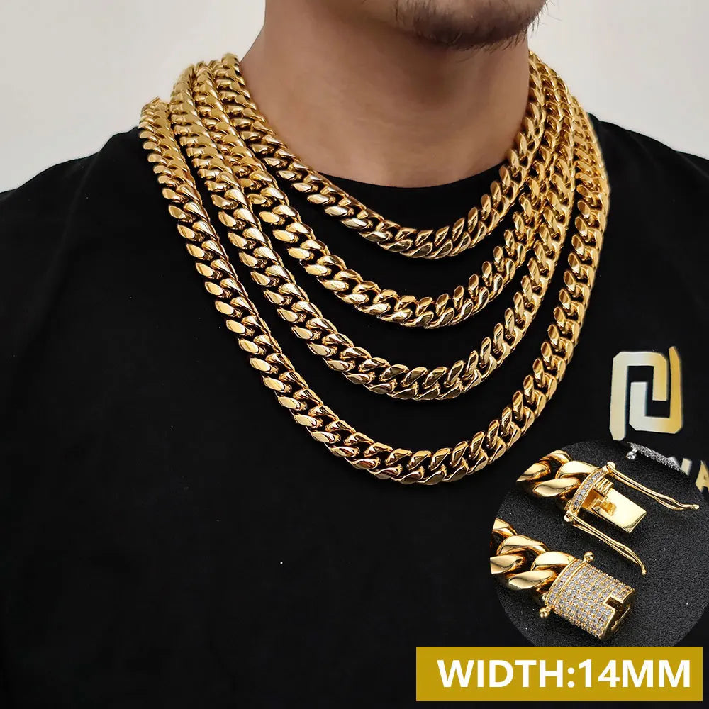 6-16mm Iced Clasp Cuban Link Chain Miami Stainless Steel Necklace Hip Hop Jewelry Gift for Men Women