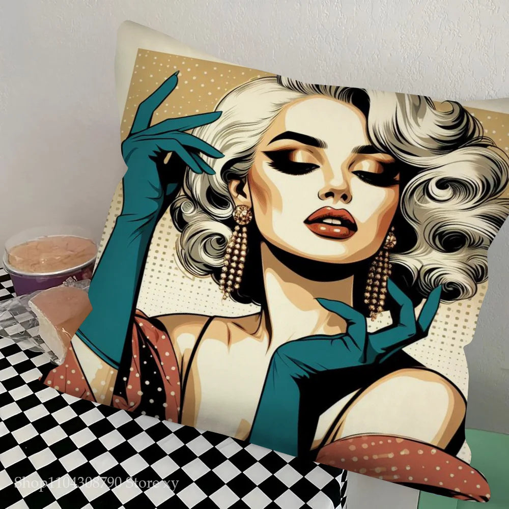 1pc Colorful Pop Art Canvas Comic Woman Pillow Case Square Bedroom Sofa Leisure Comfort Cushion Car Living Room Home Decoration