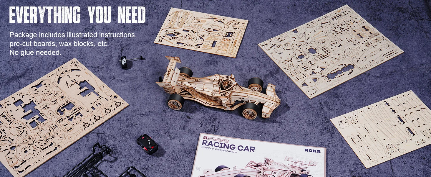 Robotime Rokr 3D Wooden Racing Car Puzzle DIY Model Kit for Adults & Teens, Mechanical Roaring Engine, 8-10M Forward Movement