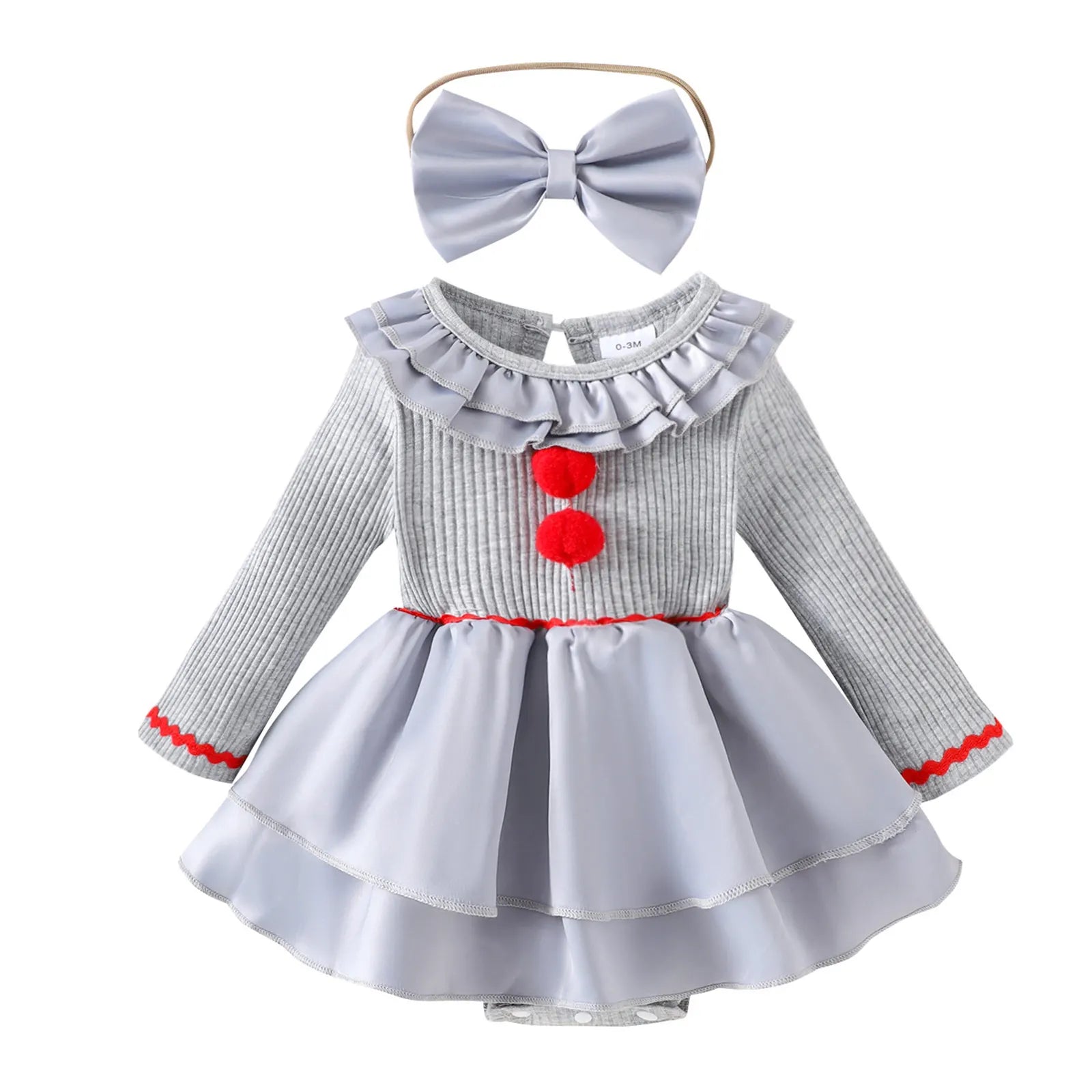 Baby Girl Halloween Creepy Clown Cosplay Costume Long Sleeve Layered Ruffled Gray Joker Dress Romper for Theme Party Photo Shoot