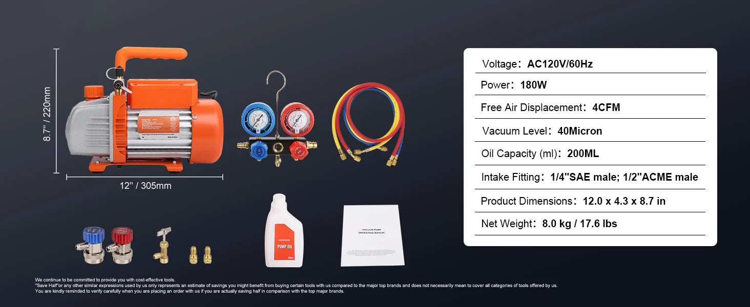 SucceBuy 3.5CFM 4CFM Single Stage Rotary Vane HVAC Air AC Vacuum Pump & A/C Refrigerant Kit Manifold Gauge Set Air Conditioning