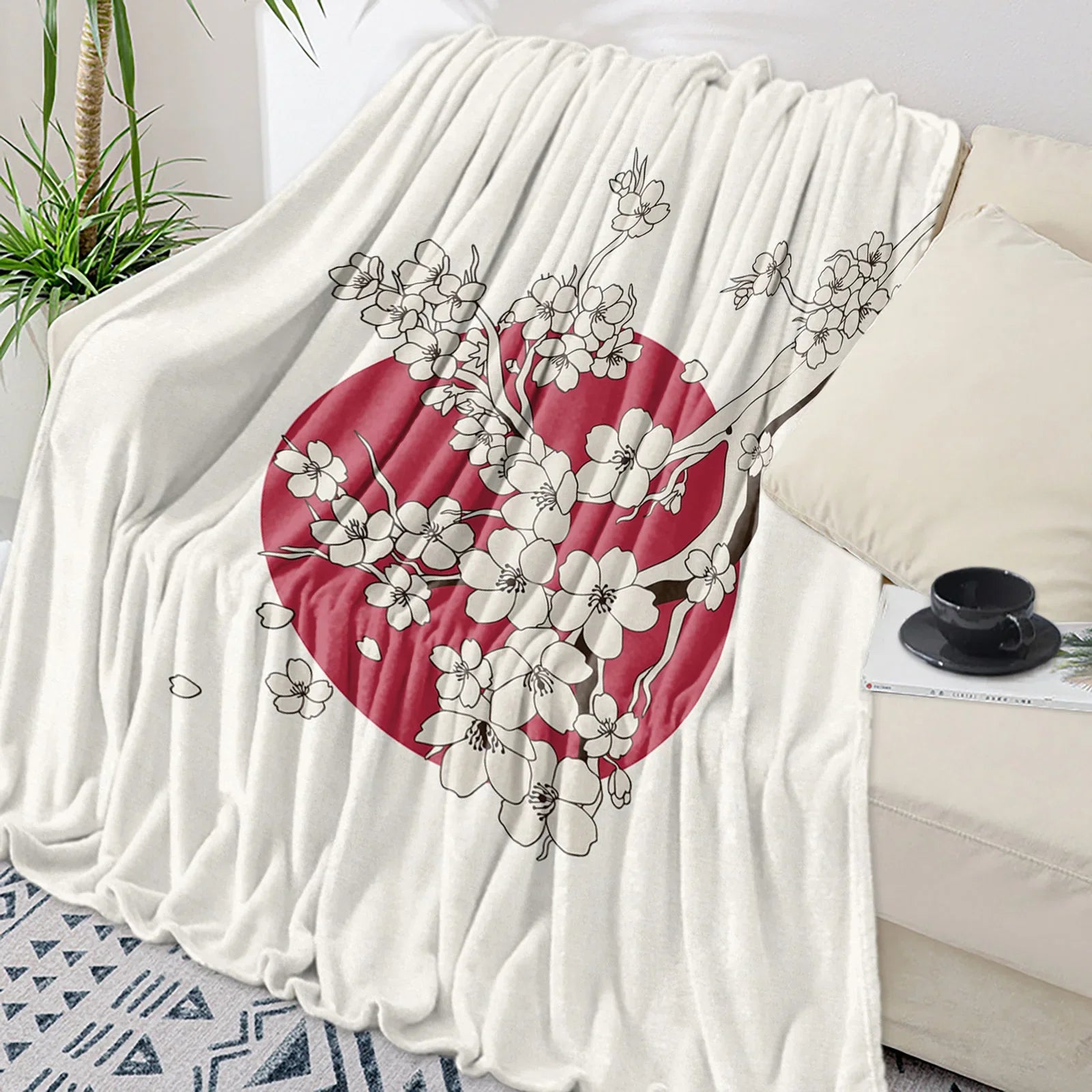 بطانية دافئة من الفلانيل المايكروفايبر بتصميم أزهار الكرز وفرع البرقوق وزهرة وردية وبيضاء، بطانيات ديكور غرفة النوم للأسرّة