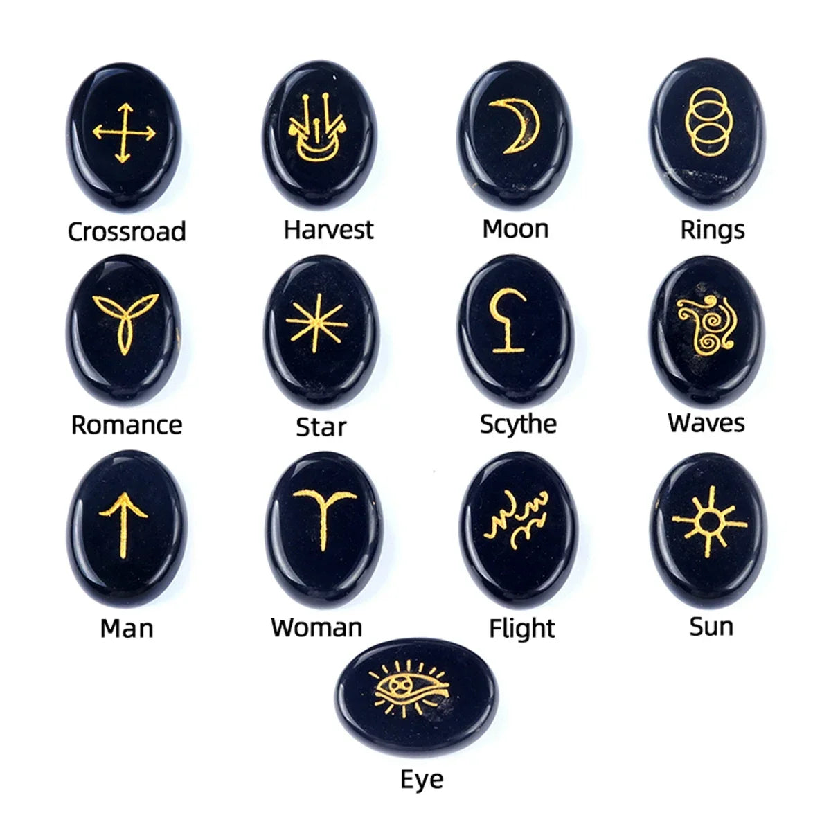 13pcs Witch Runes Natural Crystal Beads Onyx Semi-Precious Carved Ruini Lune Runes Set Decorative Reiki Jewelry Accessories Gift