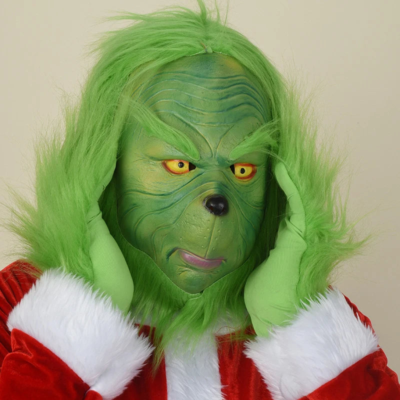 Grinch Christmas Costume for Adults Green Fleece Santa Suit with Red White Trim Festive Holiday Party Outfit Cosplay Full Set