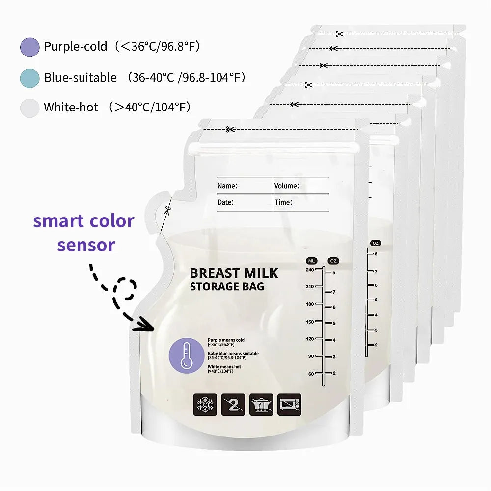 60 Pack Temperature Sensitive Breast Milk Storage Bags -Food Grade PE, Transparent with Measurement Lines,  Disposable & Leakpro
