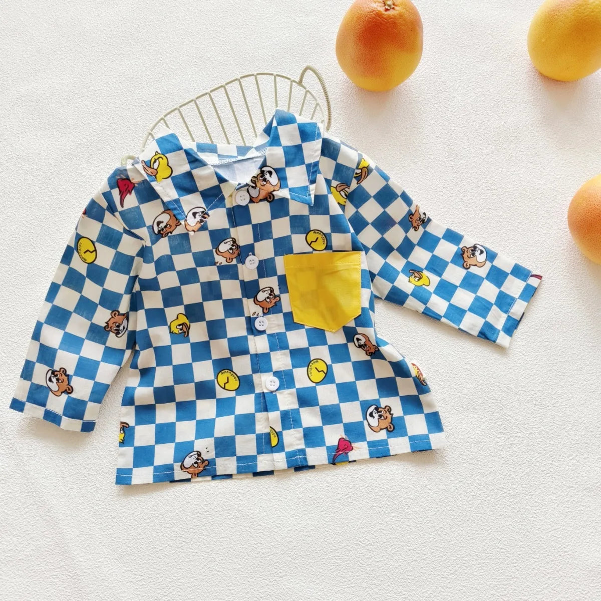 2024 Spring/Autumn New Infant Toddler Pure Cotton Grid Cartoon Printed Long Sleeve Single-Breasted Buttoned Romper