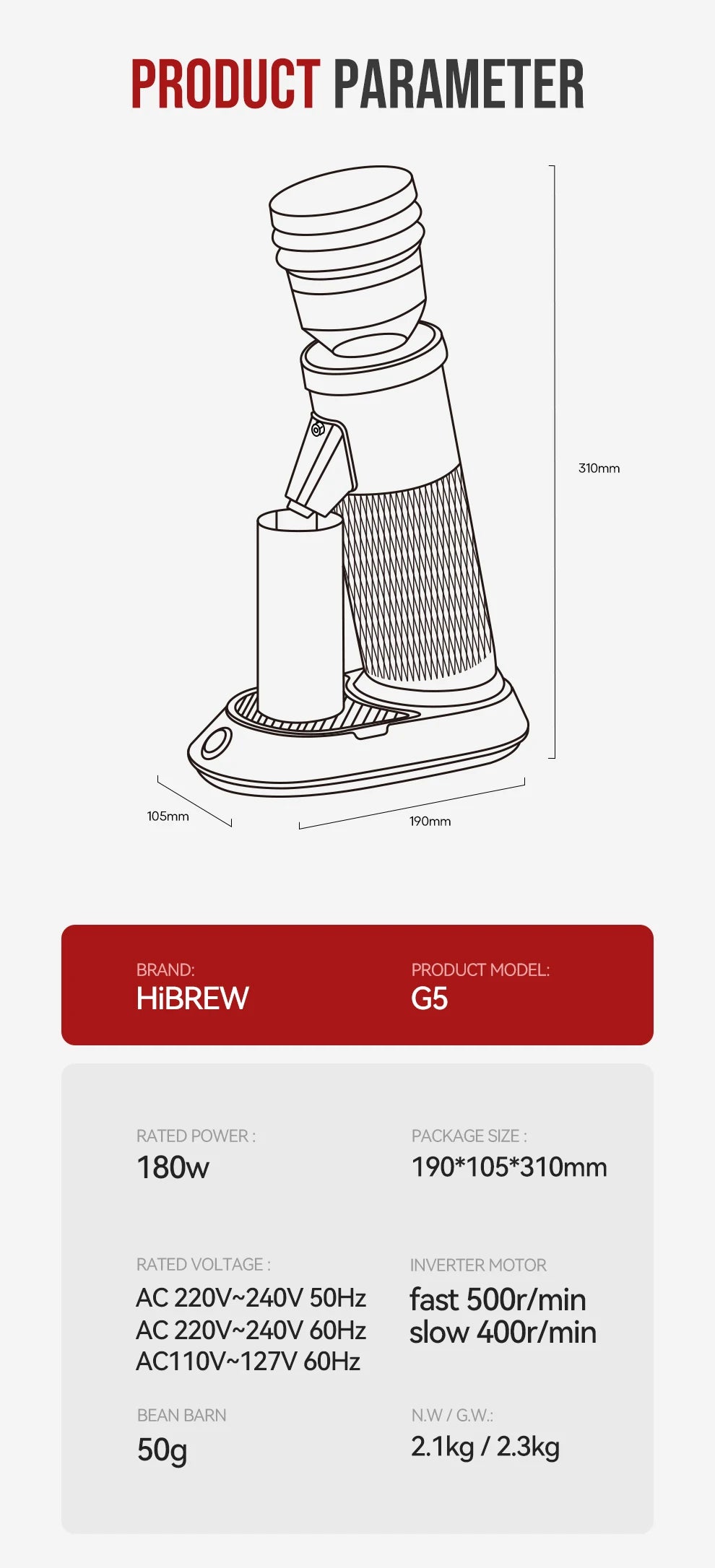 HiBREW G5 48mm Conical Burr Electric Coffee Grinder Compact Portable Coffee Bean Mill Kitchen for Espresso Turkish Coffee