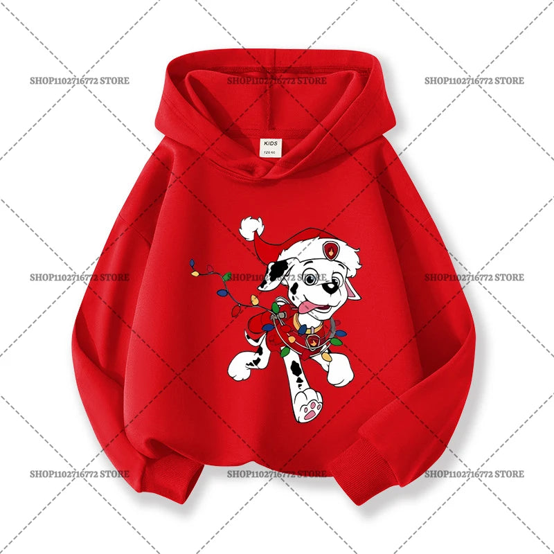 Paw Patrols Christmas Baby Hoodies Cute Anime Print Long Sleeved Child Red Top Pullover Casual Sweatshirt Kids Clothes Xmas Gift