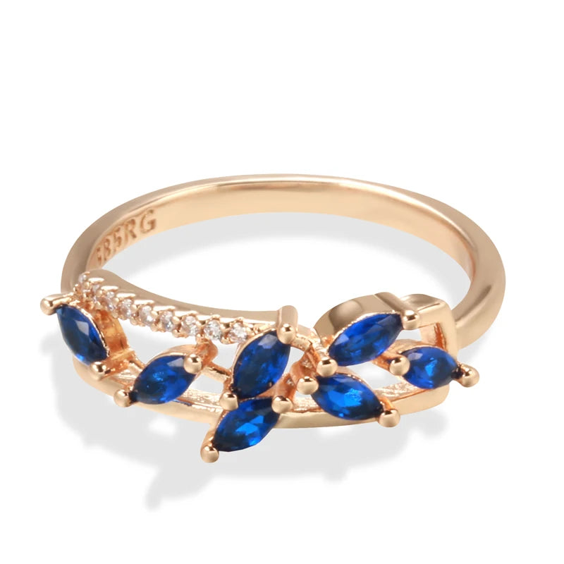 Kinel New Blue Natural Zircon Ring for Women Trendy 585 Rose Gold Leaf Ring Romantic Vintage Wedding Jewelry Fashion 2022