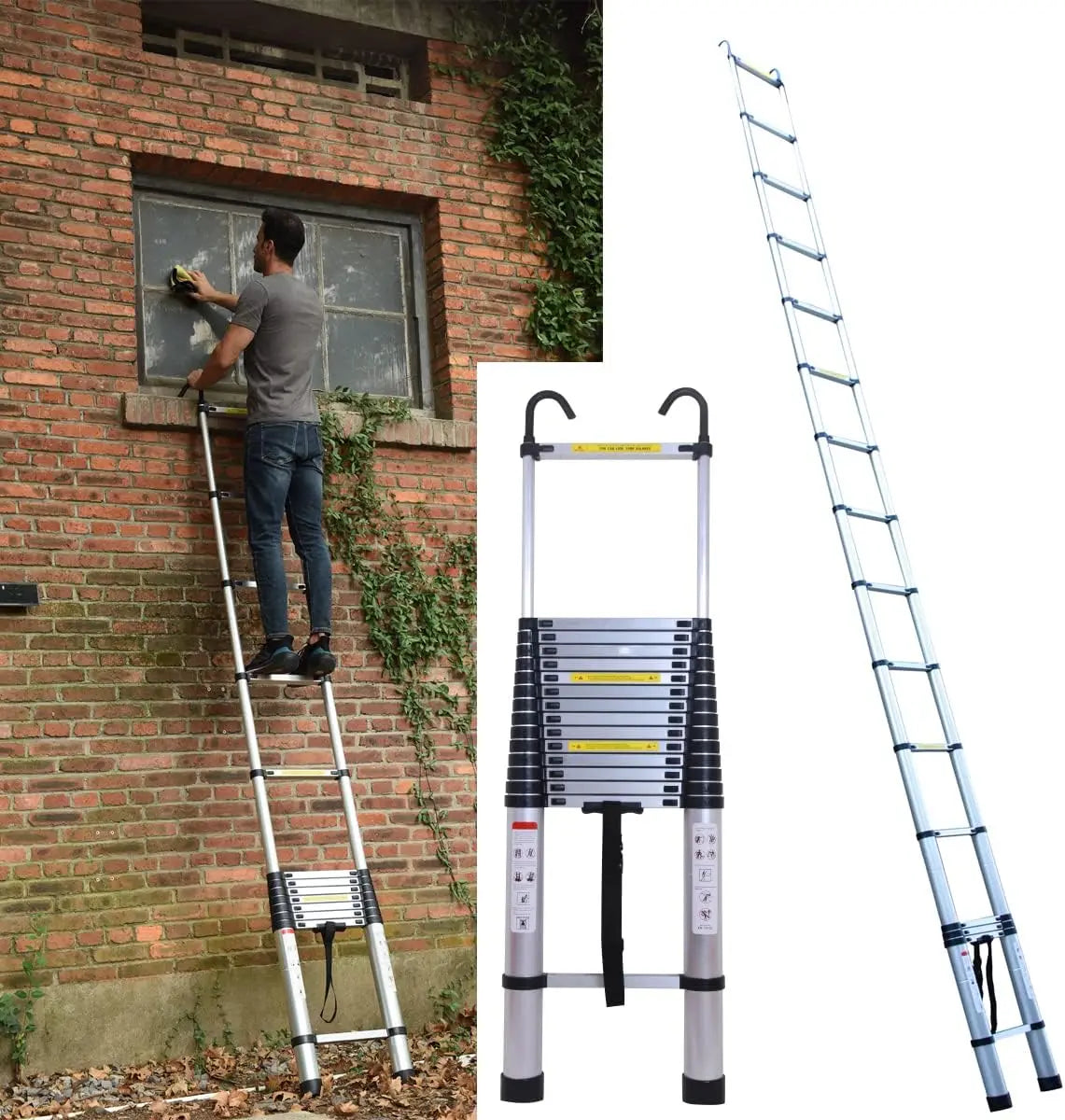 Telescopic Ladder 6.2m with Detachable Hooks & Extendable Steps, Folding Tall Loft Ladder with Non-Slip Feet Collapsible Ladder