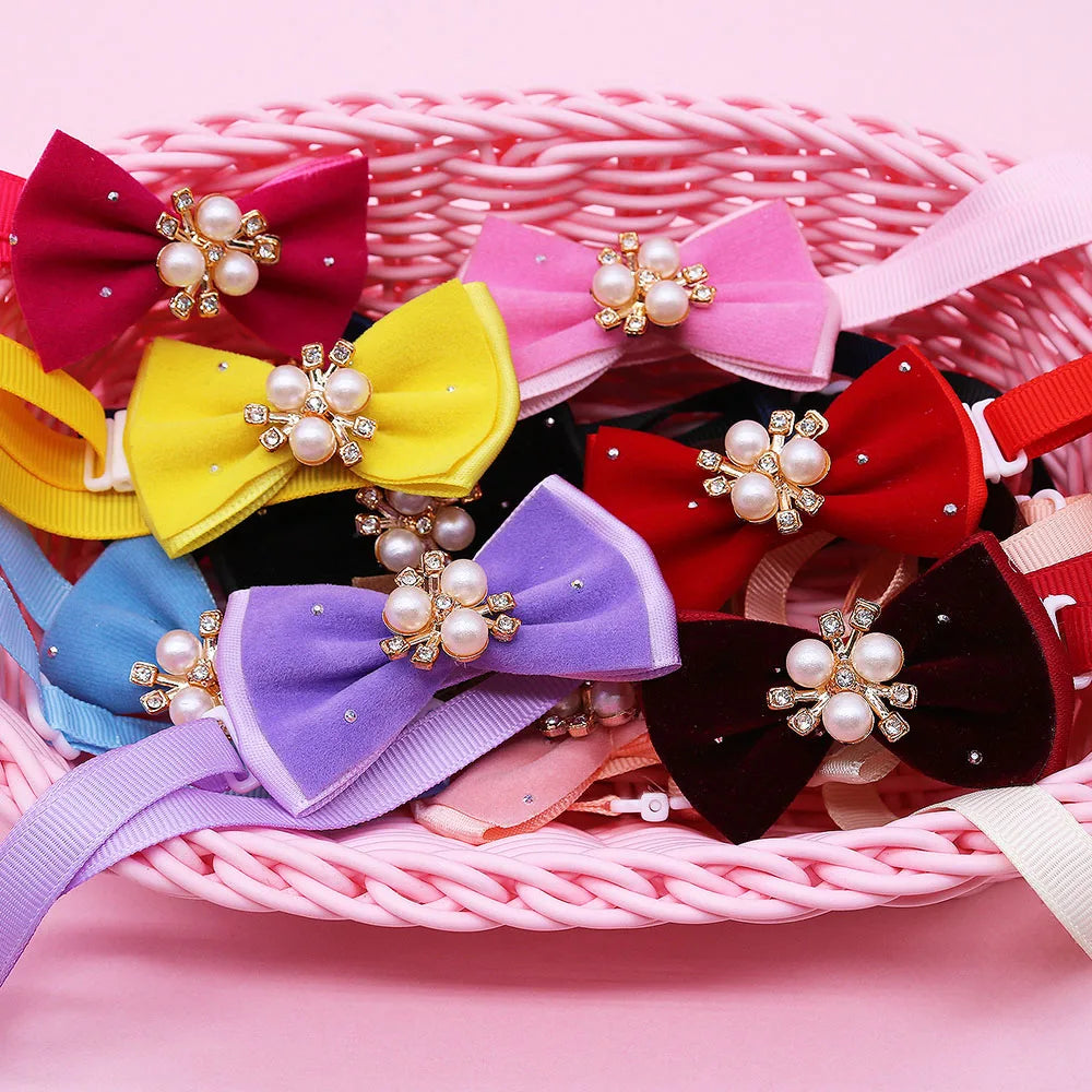 10PCS Diamonds Pet Collars For Dogs Bowties Adjustable Dog Bow Ties Small Cat Necklaces Winter New Pet Grooming Supplies