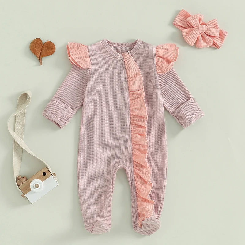 2024-05-11 Lioraitiin Baby Girls Outfit, Long Sleeve Crew Neck Frills Zipped Contrast Color Footies and Headband Fall Clothes