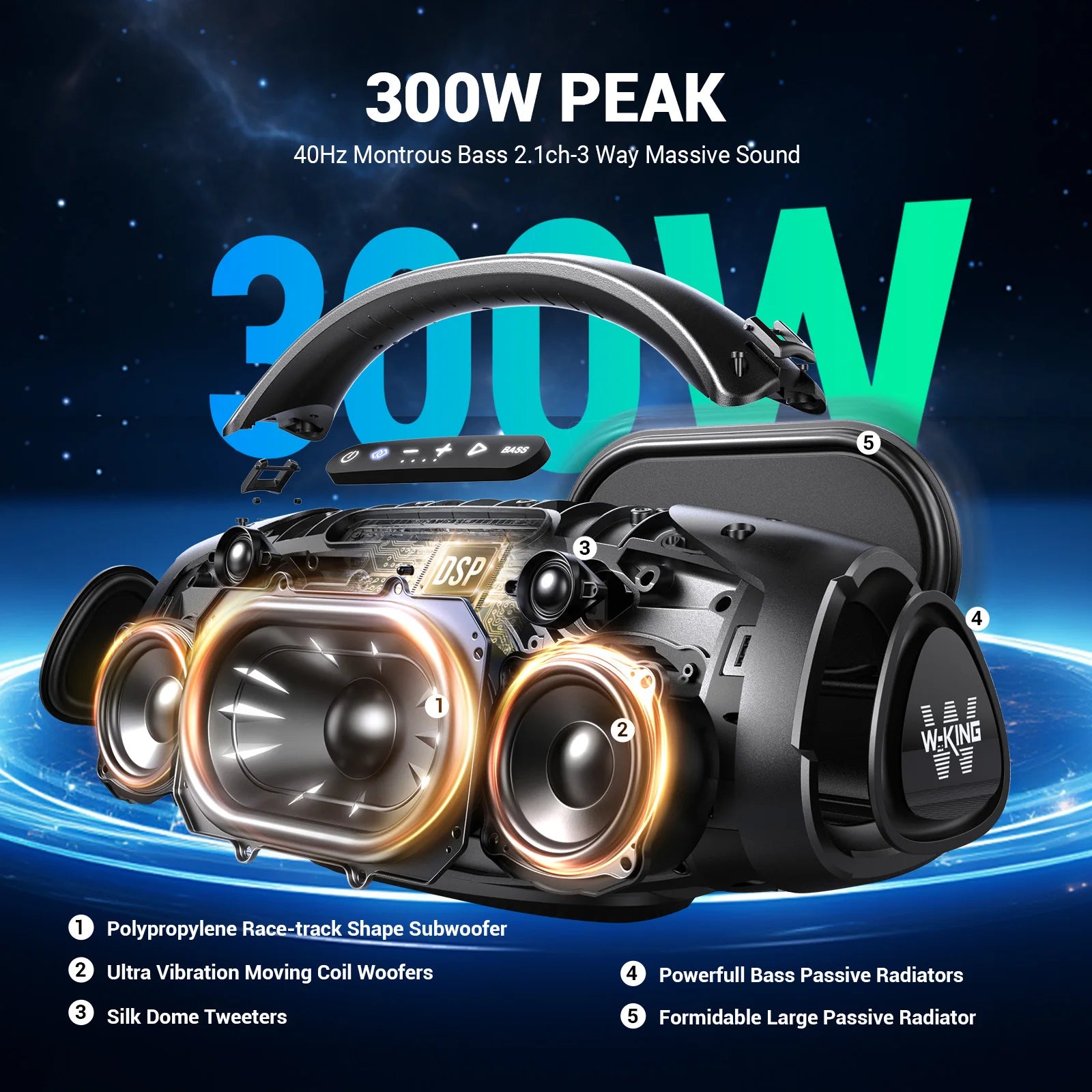 W-KING 200W RMS Portable Bluetooth Speakers, Massive Bass Party Boombox IPX7 Waterproof Speaker Large, Loud Outdoor Speaker